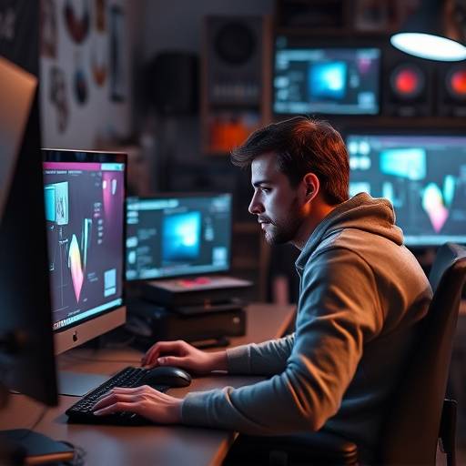 Portrait de Lucas Bernard, motion designer du Studio Lumière et Son, créant des animations graphiques sur un ordinateur dans un espace de travail créatif